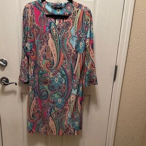 Tommy Hilfiger Vibrant Multicolor Paisley Bell Sleeve Midi Dress Retro Size 16